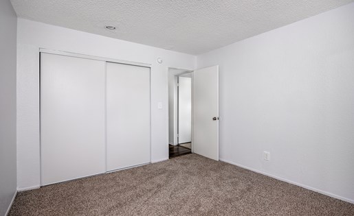 A room with carpeted floor and white walls with a door and a closet.